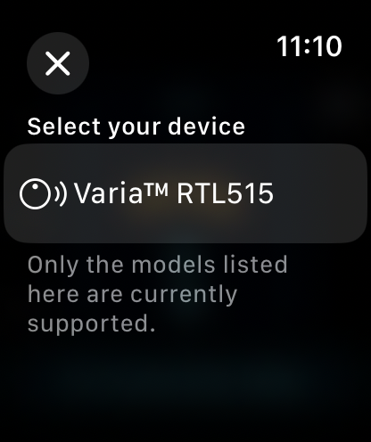 Biking Radar supported-device selection showing Varia trademark RTL515.